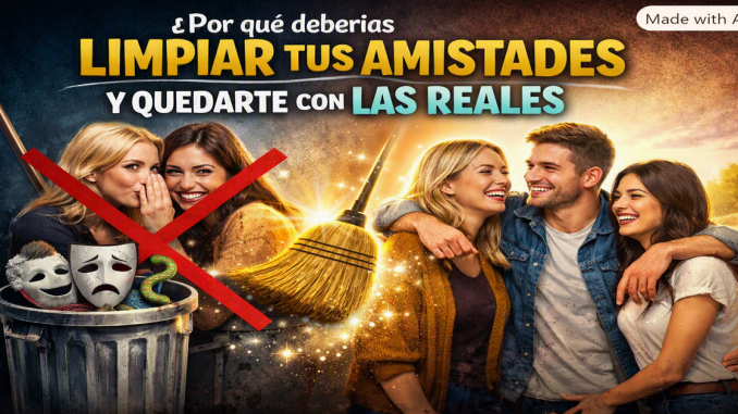 Dos grupos contrastan: amistades falsas con máscaras y un gran X rojo, frente a amigos reales riendo bajo luz cálida y un fondo brillante.