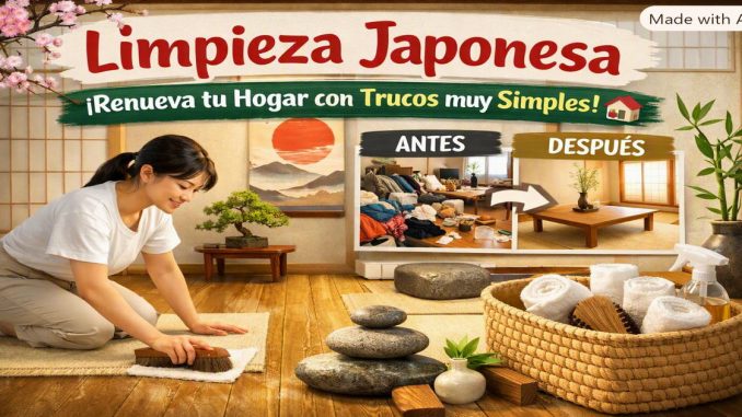 Mujer limpiando casa japonesa con cepillo, antes y después del orden, estilo zen y minimalista